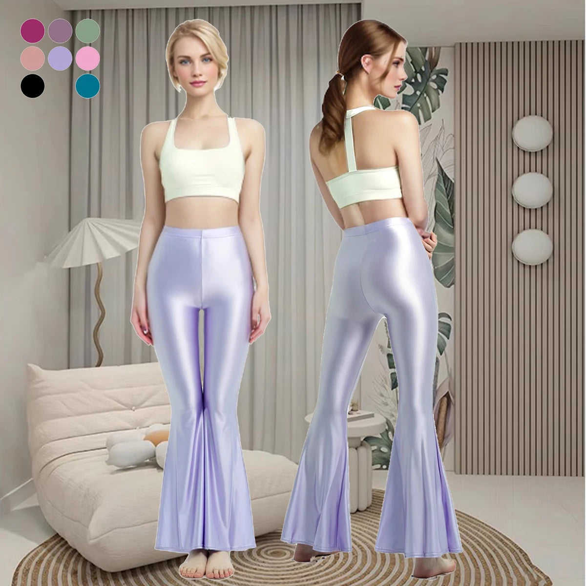 MJINM Women High-Waisted Spandex Flare Pants Glossy Colorful Silky Smooth Bodybuilding Dance Yoga Skinny Bell Bottoms Outer Wear