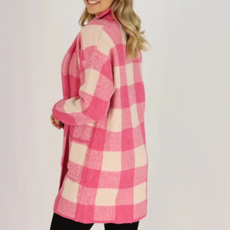 Rose red large size plaid striped sweater knitted long large lapel pocket casual commuting all-match cardigan