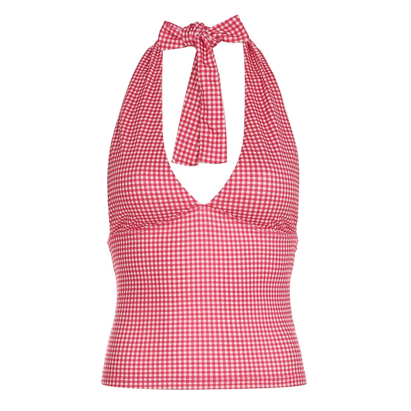 Fashion Y2k Sweet Halter Women Tanks Skinny Sleeveless Print Hotsweet V-Neck Backless Blouses