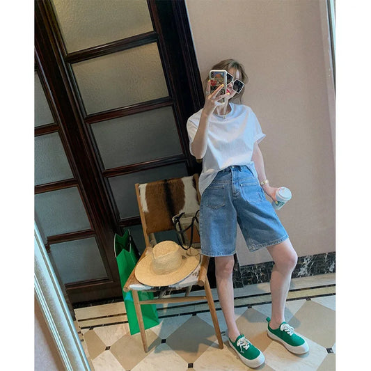 plus Size Denim Wide Leg ort Pants Women Summer New Design Loose Slim Straight Five-Quarter Trendy Blue Jeans Casual orts
