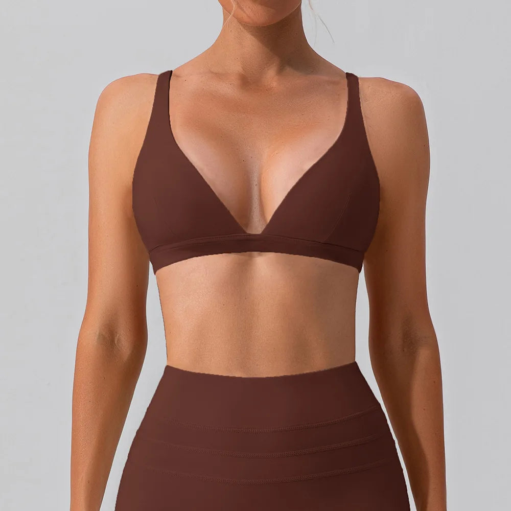 High Strength Nude V-neck Bra, Shock-absorbing and Tight Fitting Sports Bra, Pilates Running and Fitness Vest for Women