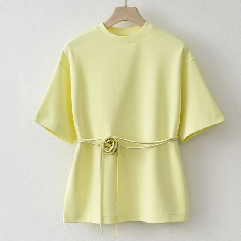 2025 Summer Basic Yellow White Flower T shirt Top
