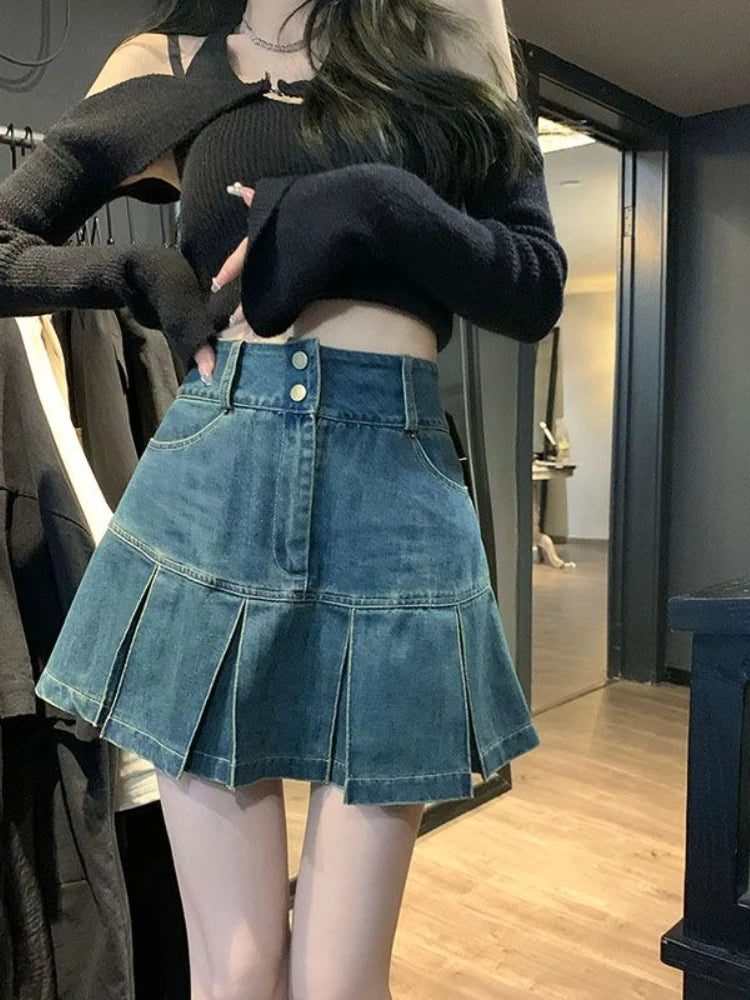 Woman Denim Skirt Mini Blue Jeans Skirts for Women High Waist Clothing Sales Vintage Aesthetic Y2k Casual Quality Modest Stylish