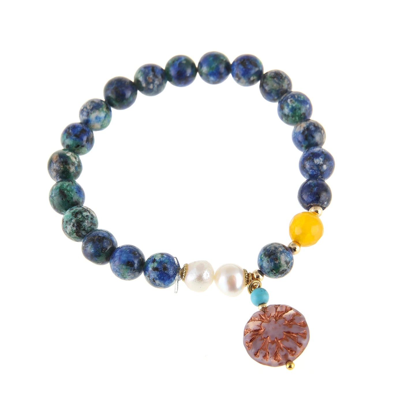 Hand Beaded Elastic Semi-Precious Synthetic Stone with Fresh Water Pearl and Czech Glass beadsBracelet  (6-016)