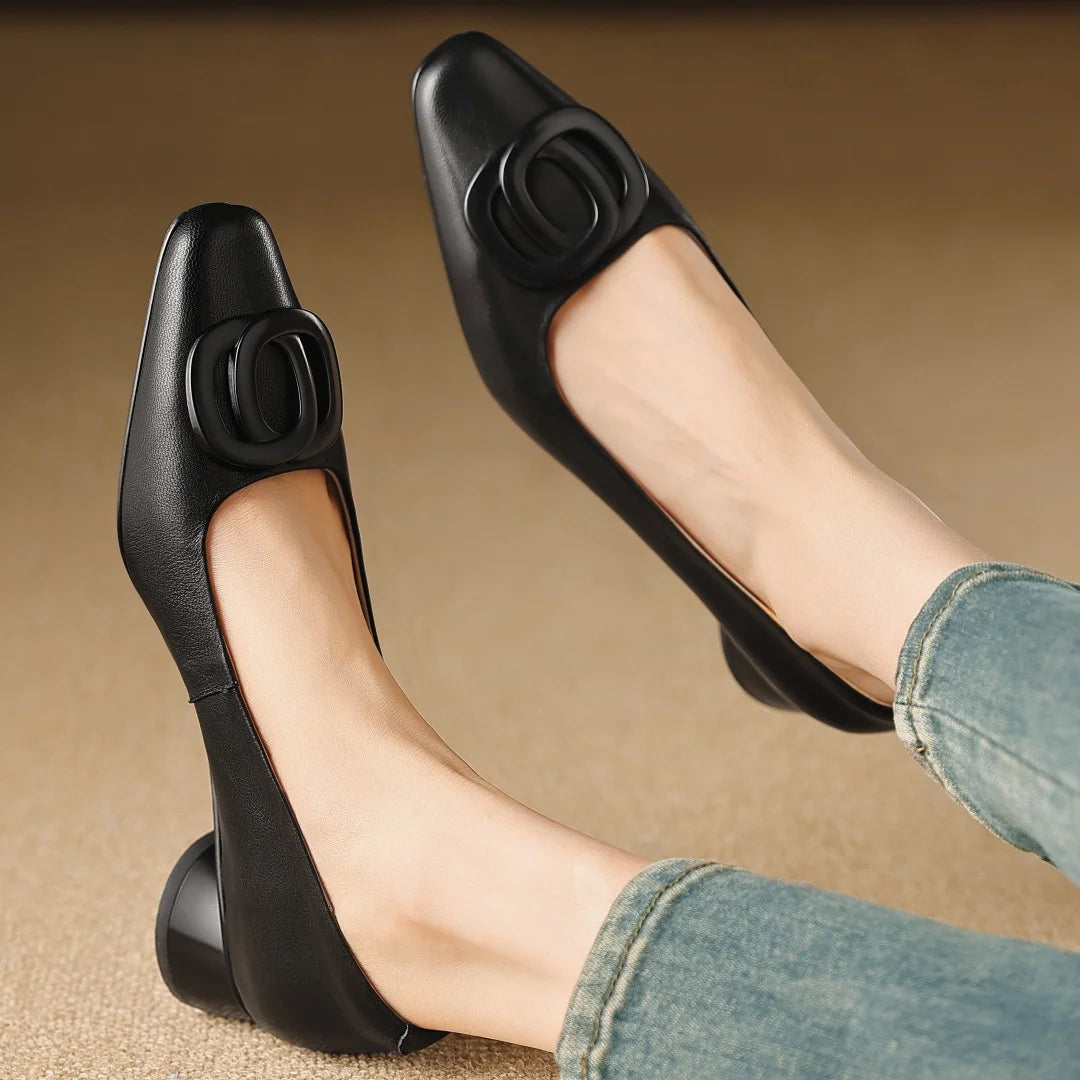 Women's sheepskin square toe metal buckle slip-on pumps elegant ladies 3cm round low heel slim OL style daily dress heeled shoes