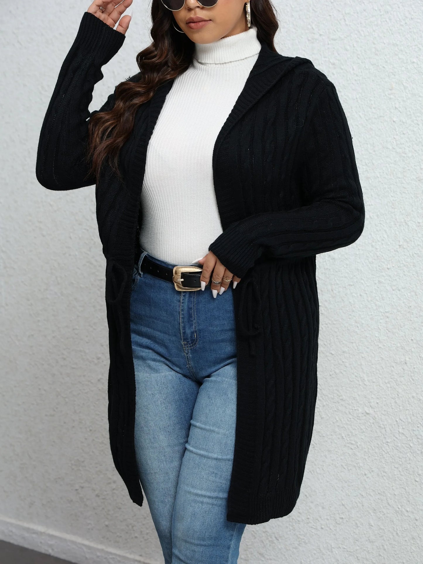 Women's Plus Size 1XL-5XL Versatile Solid Color Casual Loose Cardigan Fashionable Drawstring Knit Hooded Cardigan