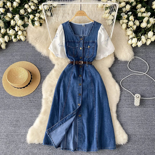 Short-sleeved Single-breasted Denim Dress.Women's Summer New Style Design Sense Square Collar Bubble Sleeve Splicing Long Dress