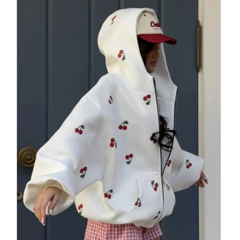 Women's Cherry Printed Sweatshirt Jacket 2025 Autumn Street Style Fashion Trendy Brand Loose Versatile Sports Hoodie Female New