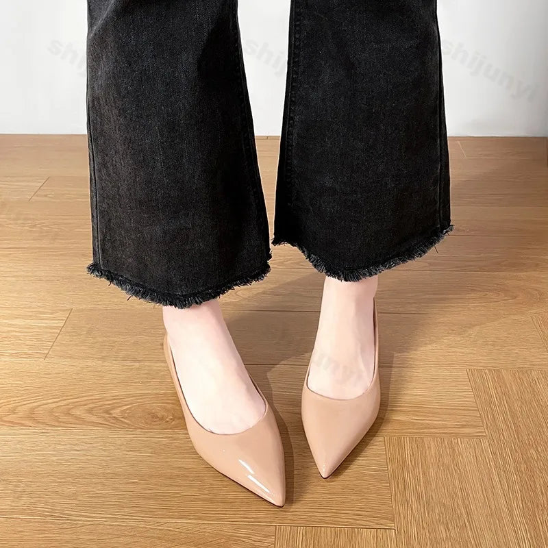 Women's Pointed Toe Flat Shoes 2025 New Spring Autumn French Style Nude Color Women's Shoes Outdoor Fashion High Heels Party