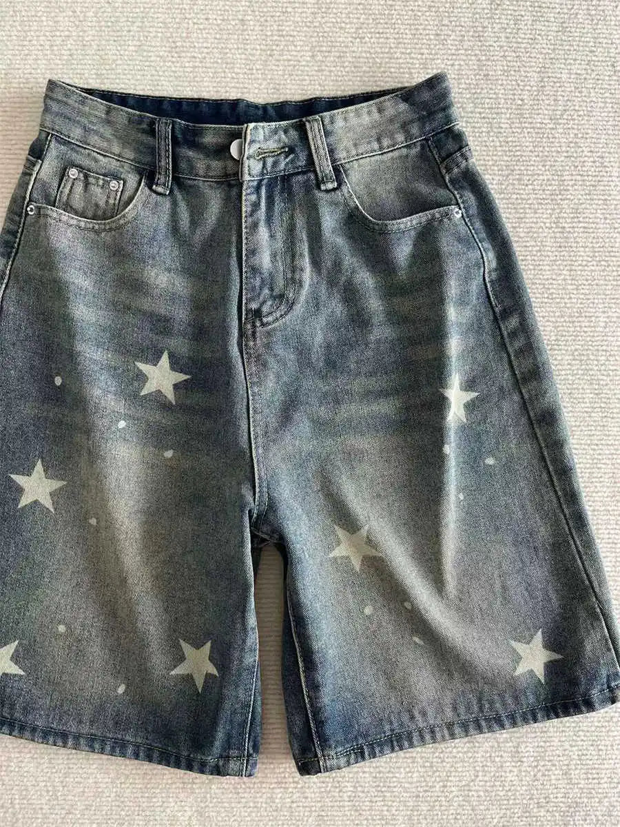 Summer Women 5XL Denim Shorts High Waist Star Pattern Blue shorts American Casual Fashion Female Retro Knee-length Jeans