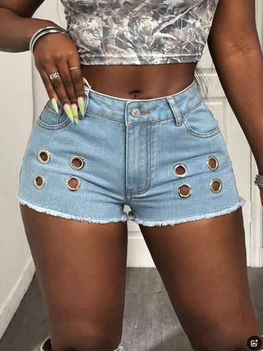 Benuynffy Streetwear Retro Raw Hem Denim Shorts Women's Fashion 2025 Summer New Y2K Mid Waist Sexy Club Skinny Jean Hot Pants