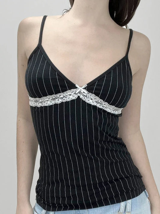Rockmore Vintage Striped Corset Top Women Coquette Sweet Lace V Neck Crop Camis Y2K Streetwear Female 2000s Aesthetic Clothes