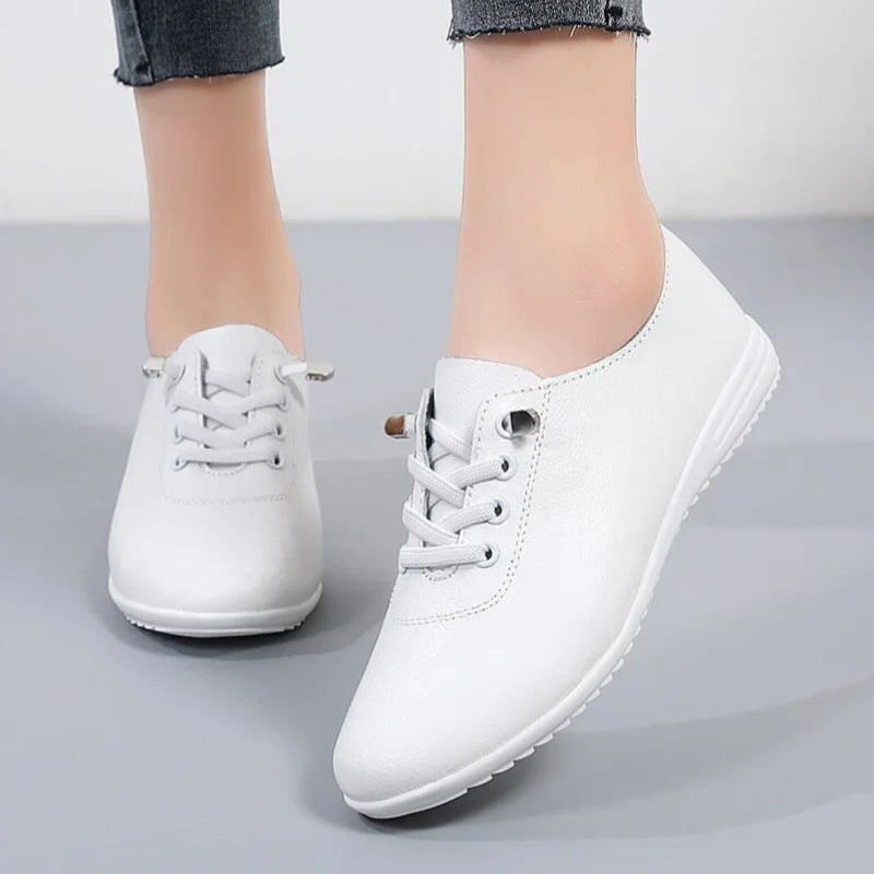 Female Ladies Women's Genuine Leather Flats Shoes Loafers Soft Moccasins Lace Up Comfortable