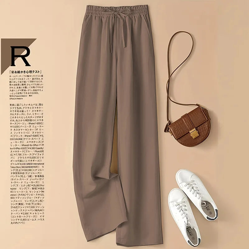 Cotton Linen Casual Wide Leg Pants Women's Summer Fashin Elastic Waist Solid Color Simple Basic Straight Trouser Female Clothes