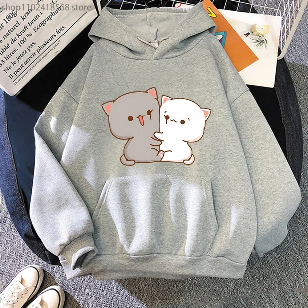 Kawaii Cat Hoodie Peach Funny Cute Sweatshirts Cartoon Print Clothing Women Aesthetic Spring Winter Pink Top Girls Hooded Female