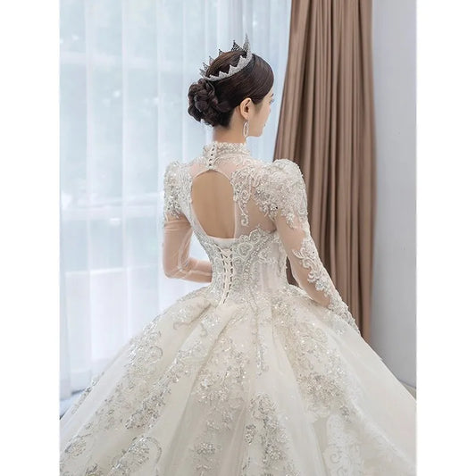 Long Sleeved Winter Wedding Dress 2024 New V Neck Luxury Long Sweep Train Beading Princes Wedding Gown Vestido Noiva Customized