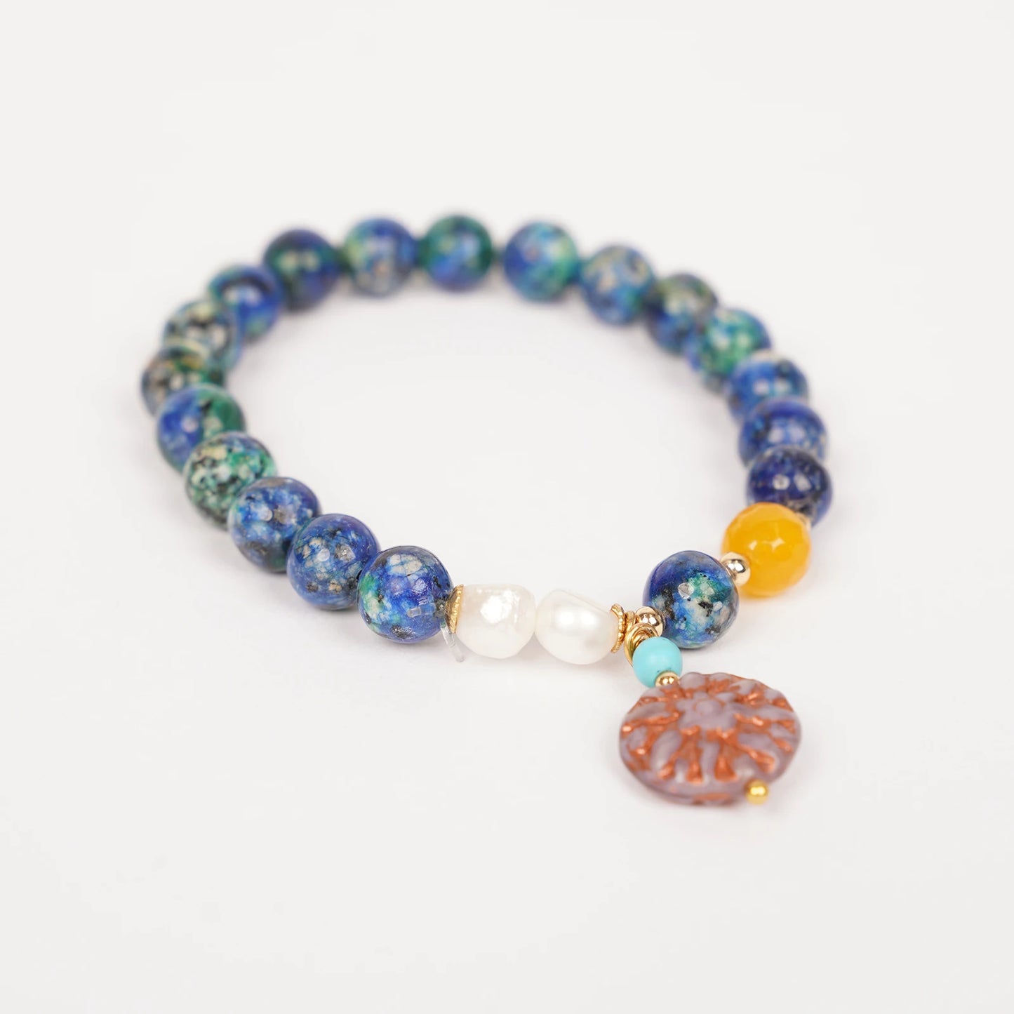 Hand Beaded Elastic Semi-Precious Synthetic Stone with Fresh Water Pearl and Czech Glass beadsBracelet  (6-016)
