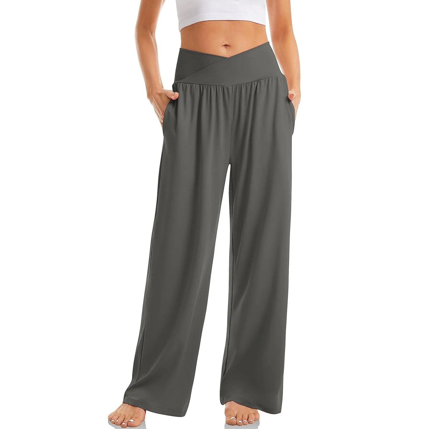 Women's High Waist Solid Color Casual Comfortable Elastic Waist Straight Trousers Wide Leg Sports Long Pants With Pockets