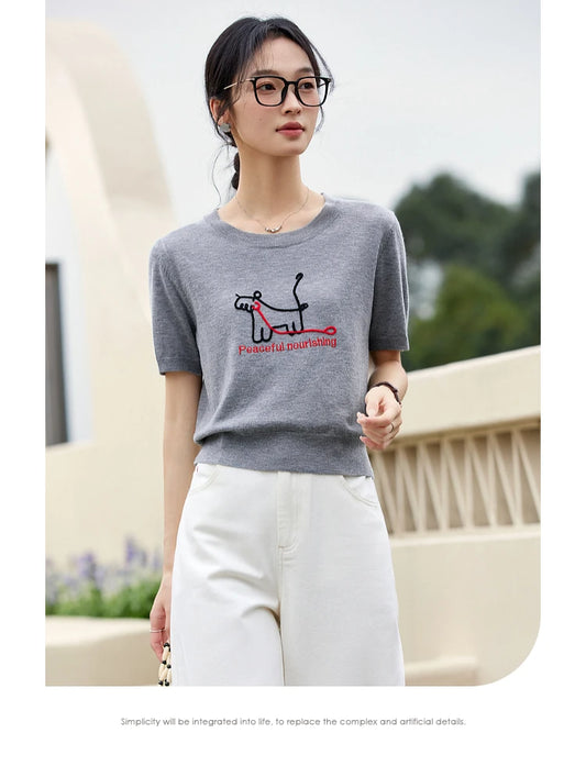 VIMLY Women's Summer Knit Tops Knitwear Fun Puppy Embroidered Short Sleeve T-Shirt 2025 Casual Crew Neck Knitted Sweater 75021