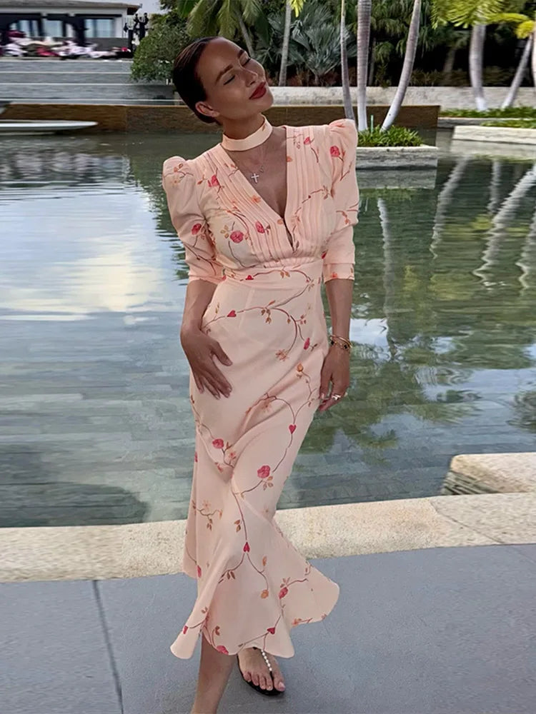 Print Deep V Shoulder Pad Long Dress Women Elegant Short Sleeve Waist Cinching Hip Package Sheath Party Dresses New Summer Robes