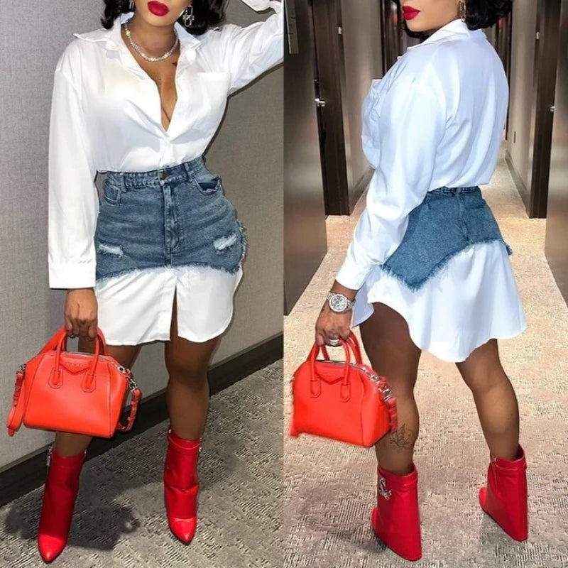 Denim Two Piece Sets Women Shirt Skirt Suit Hole Single Breasted Turn Down Collar Pocket Mom Jeans Outfit 2025 Skirts Club Party