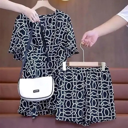Women's Fashion Print Suit 2024 Summer New Western-style Long Tops Shirts And Shorts Two Piece Sets For Women Plus Size Clothing