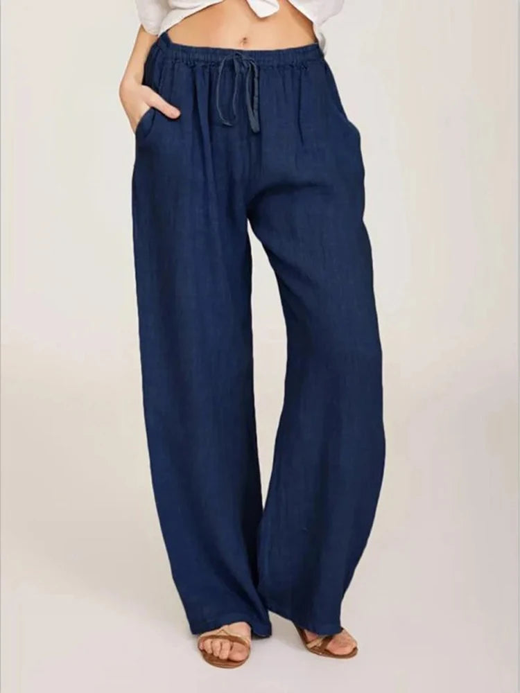 Casual Women's Cotton Linen Pants Solid High Waist Wide-Leg Trousers Female Summer Loose Breathable Sports Yoga Straight Pants