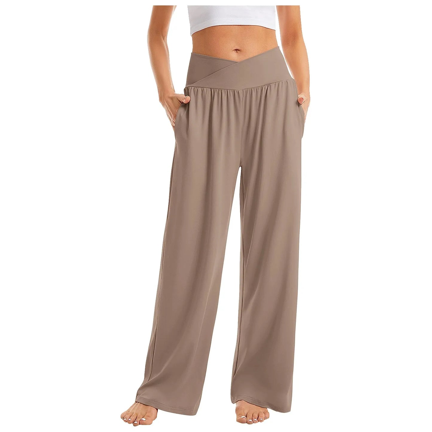 Women's High Waist Solid Color Casual Comfortable Elastic Waist Straight Trousers Wide Leg Sports Long Pants With Pockets
