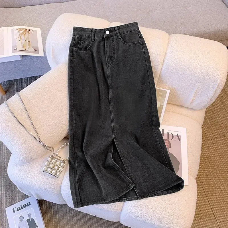 Wrap Women's Denim Skirt Blue Tight Female Jeans Skirts with Slit Luxury Elegant Stylish Premium Summer 2025 Modest Vintage Chic