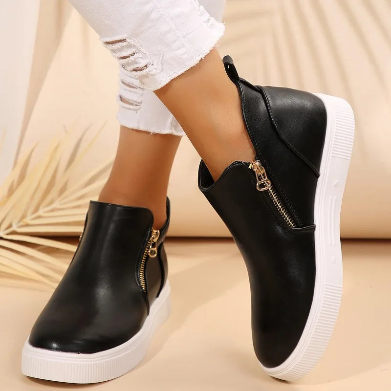 Inside Heightened Single Shoes Autumn New Round Toe Side Zipper Platform Non-Slip Wear-Resistant Flats