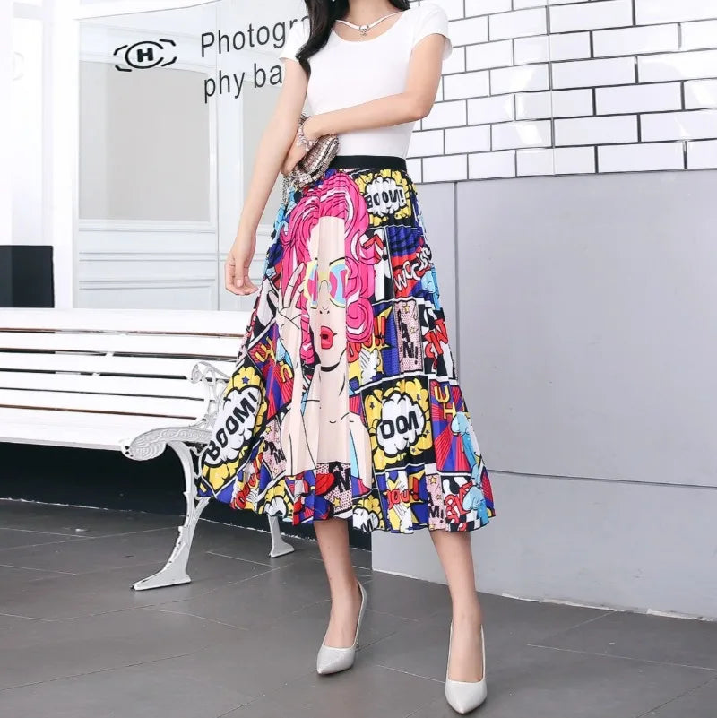 Cartoon Print Pleated Women Long Skirts High Waist A-Line Elastic Blue Pink Skirt For Ladies Summer Casual Female Bottoms Skirts