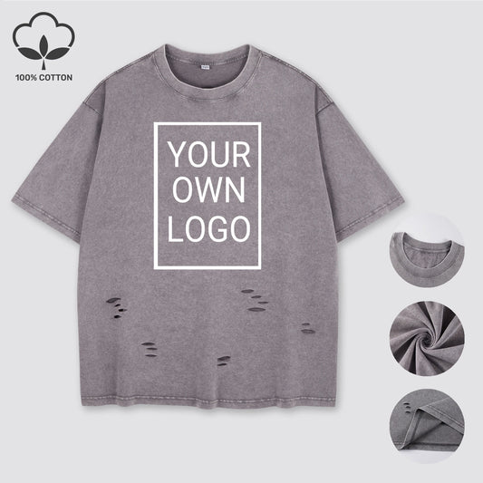 Customized The Logo DIY Pattern Cotton Washed Holes T Shirt Woman Oversize Y2K T-Shirt Summer Hip Hop Top All-Match Short Sleeve