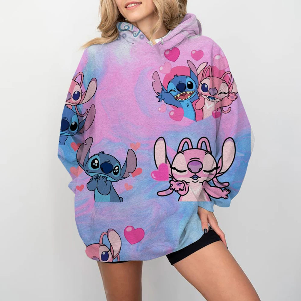 Disney-Women's Stitch Print Hoodie, Anime, Moletom Extragrande, Loose, Crewneck, Pullover, Women's Hoodie