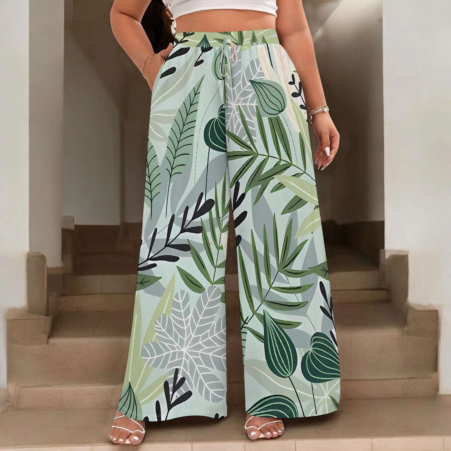 Nupusa Tropical Leaf Print Wide Leg Pants for Women Standard Size Summer Casual Drawstring Waist Trousers