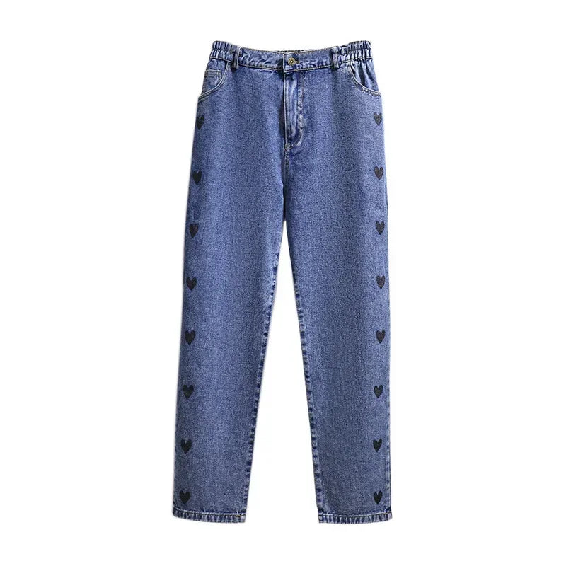 Love Heart Denim Pants Women High Waist Washed Jeans Pocket Spring Summer Casual Trousers 2024 Baggy Work Jean Women Vintage
