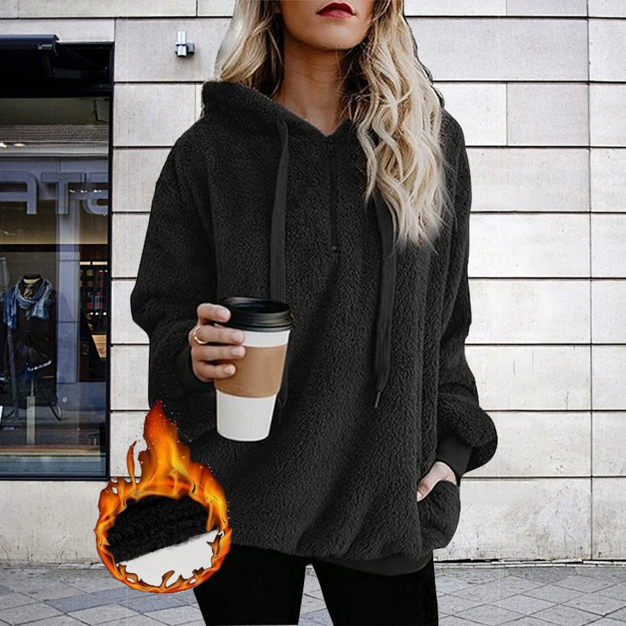 Plus Size Best Selling Plush Oversized Hooded Sweatshirt Half Open Front Women's Casual Drawstring Clothing Large Sizes