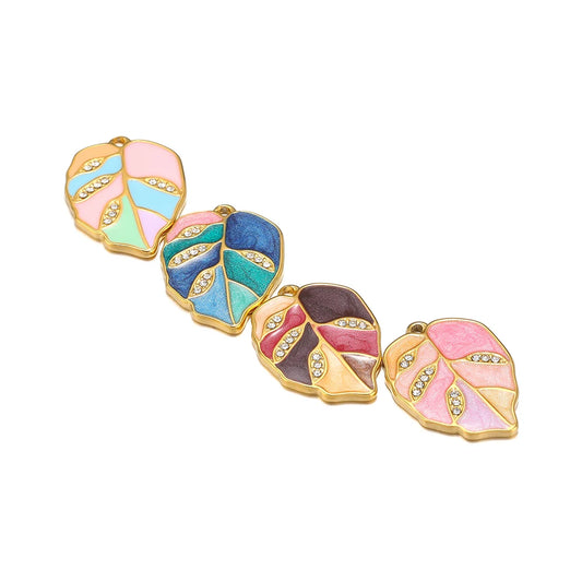 5 Pcs Enamel Leaf Charms, Stainless Steel Pendants