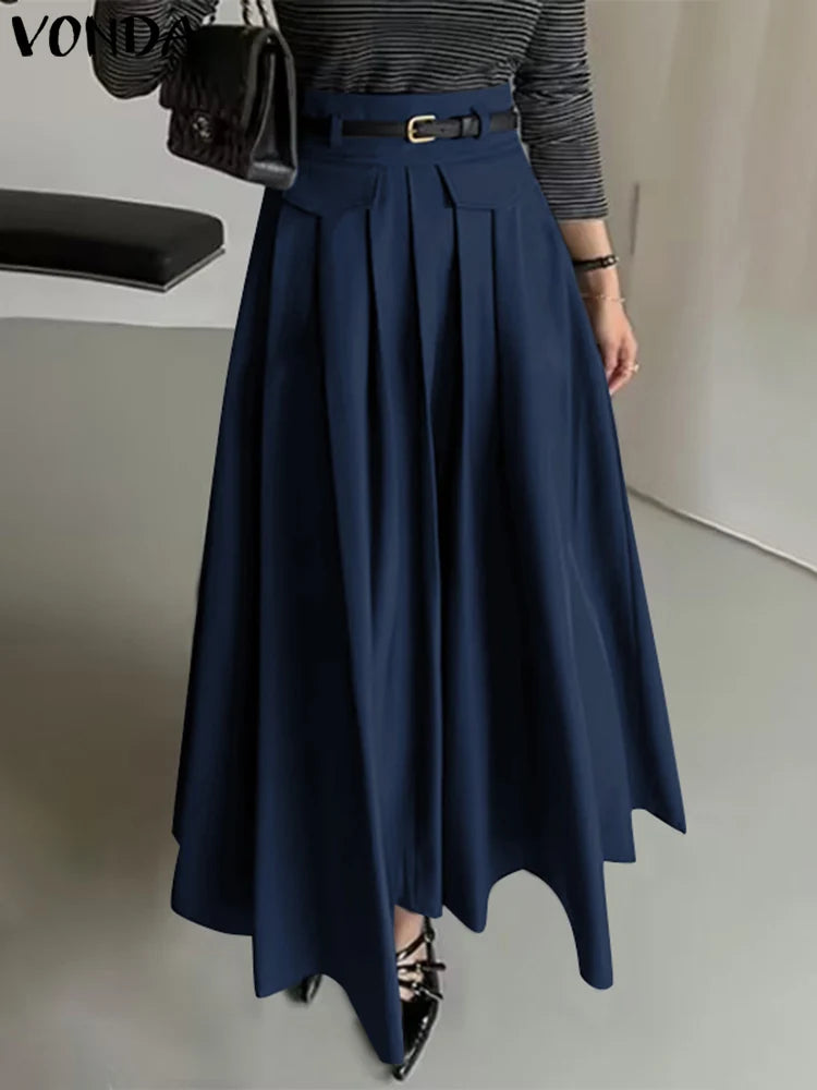 Plus Size 5XL VONDA Elegant Suit Pants 2025 Casual Solid Color Zipper High Waist Pleated Wide Leg Pants Baggy Loose Long Bottoms