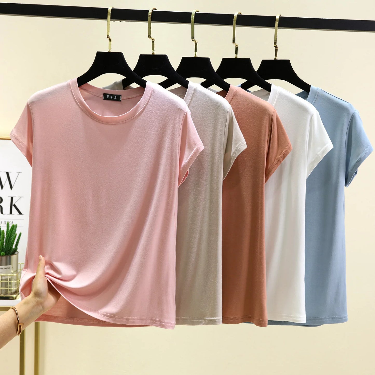 Plus size L to 6XL Modal O-Neck Tshirt Short Sleeves Solid color Slim Fit T-shirts summer women's tee tops all match