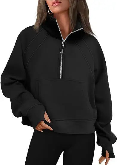 Stand Collar Casual Sweatshirts Half Zip Women Cropped Pullover Thumb Hole Overzised Hoodie Solid Color Plus Size Sports Outfit