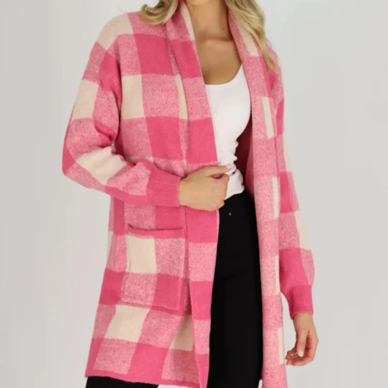 Rose red large size plaid striped sweater knitted long large lapel pocket casual commuting all-match cardigan