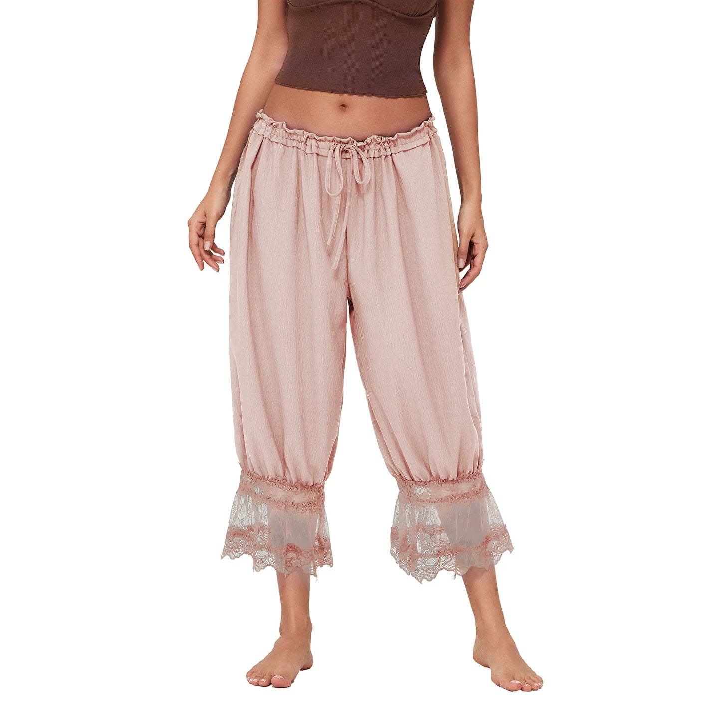 Womens Y2K Vintage Drawstring Cropped Pants Loose Fit Mid Rise Patchwork Lace Casual Lantern Bubble Pants Trousers Streetwear