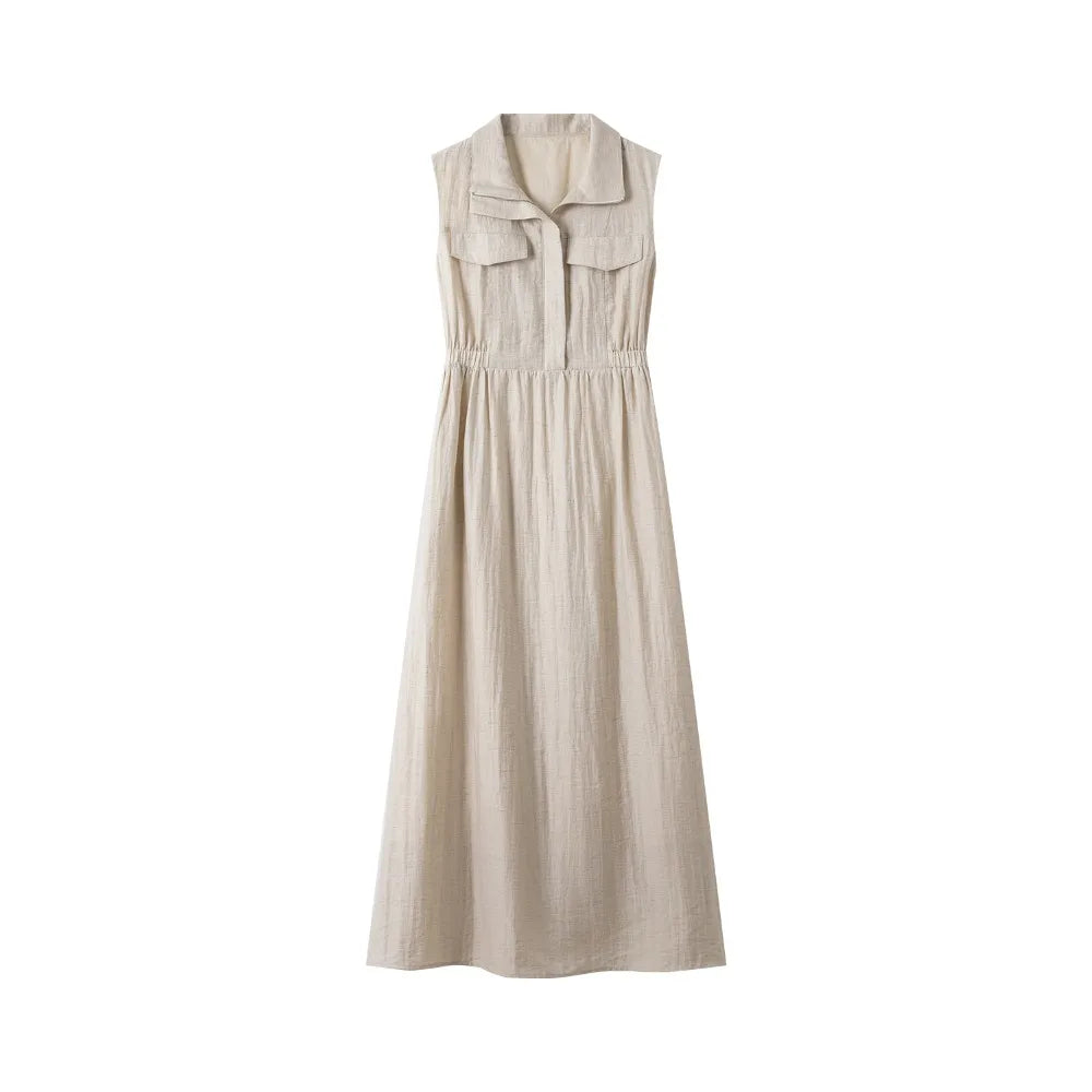 VIMLY Women Office Lady Vest Dress 2025 Summer Casual Sleeveless Lapel Dress Simple Elegant Style Commuter Sundress with Pockets