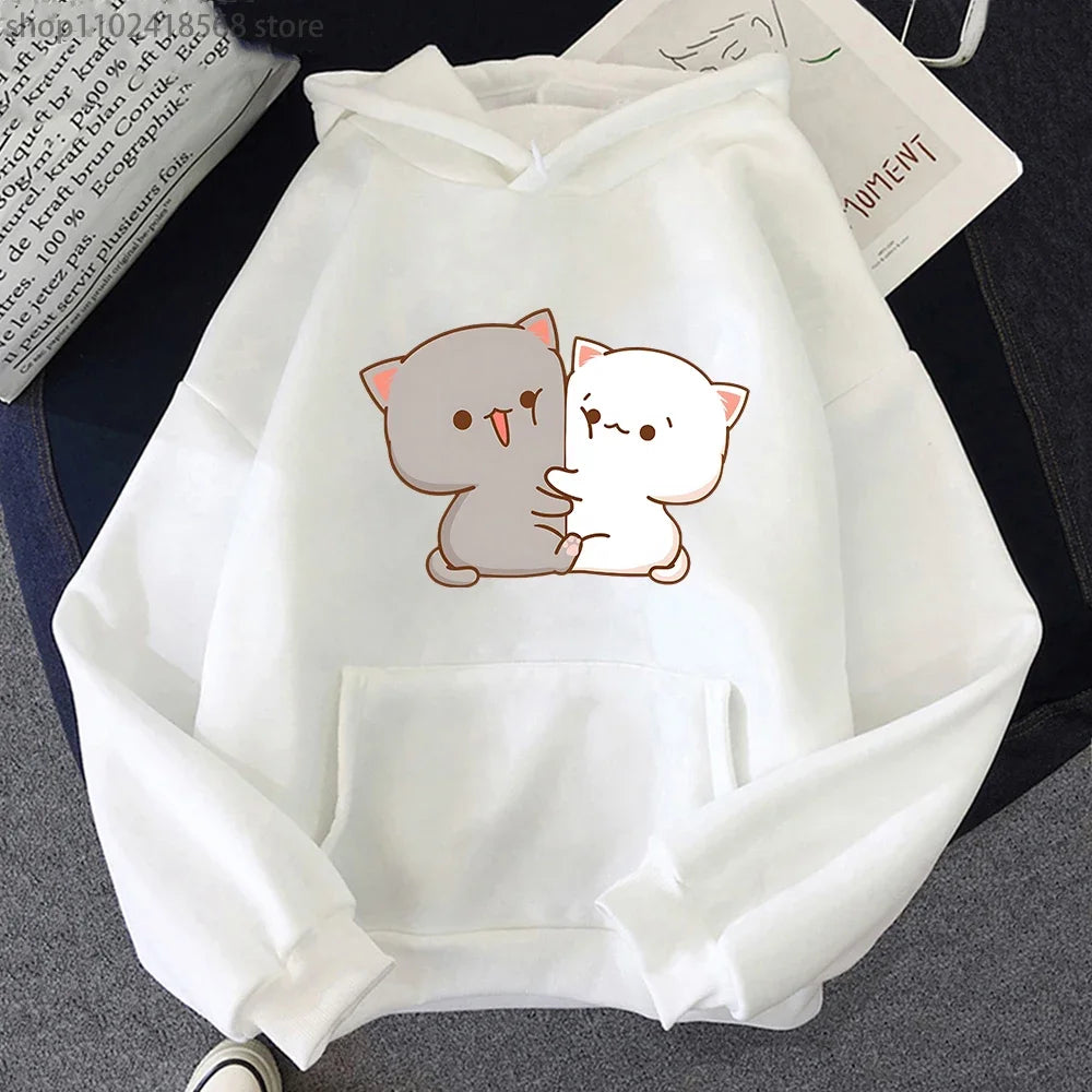 Kawaii Cat Hoodie Peach Funny Cute Sweatshirts Cartoon Print Clothing Women Aesthetic Spring Winter Pink Top Girls Hooded Female
