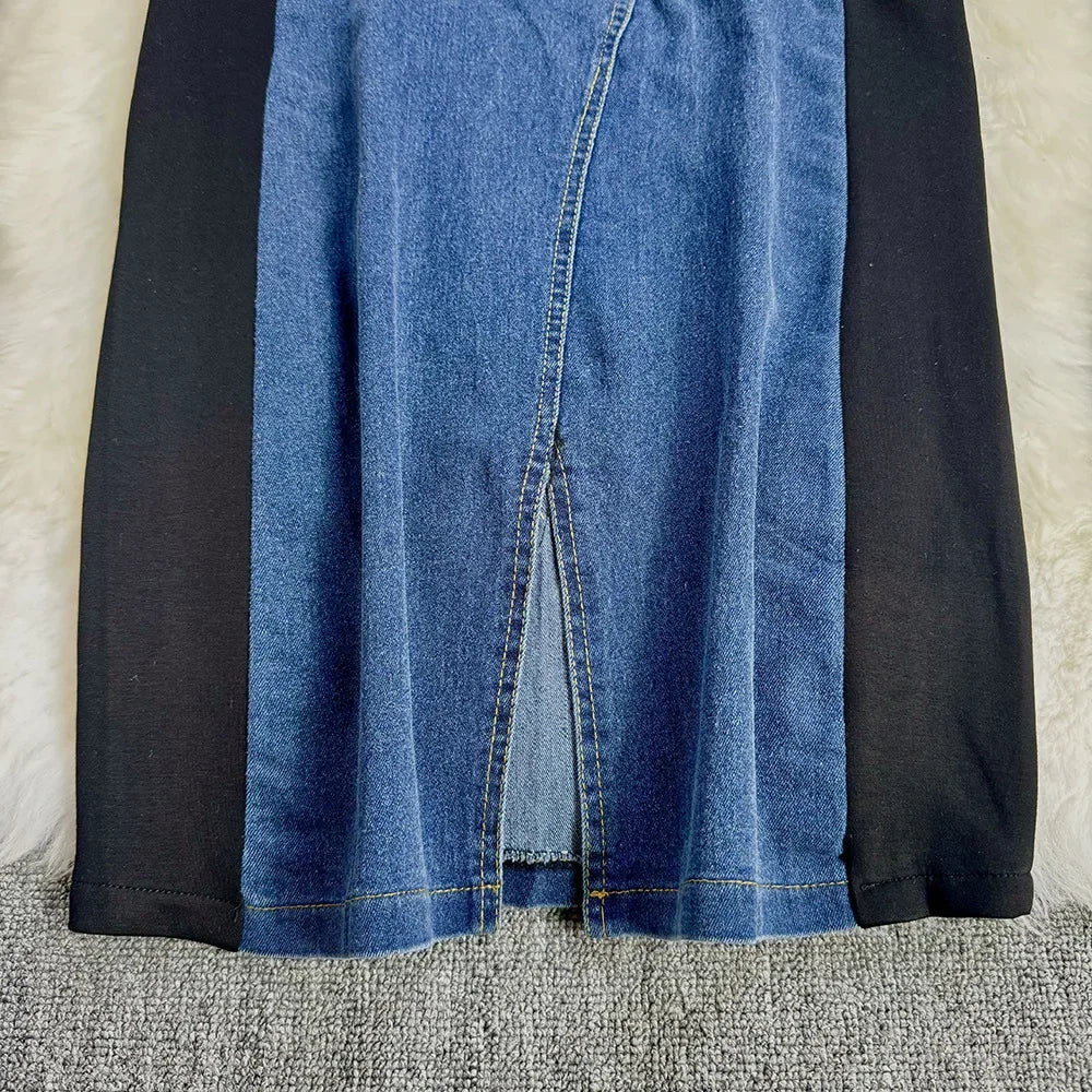 French Senior Sense Temperament Pack Hip Slit Dress. Summer Design Sense Spell Color Button Adornment Short-sleeve Denim Dress