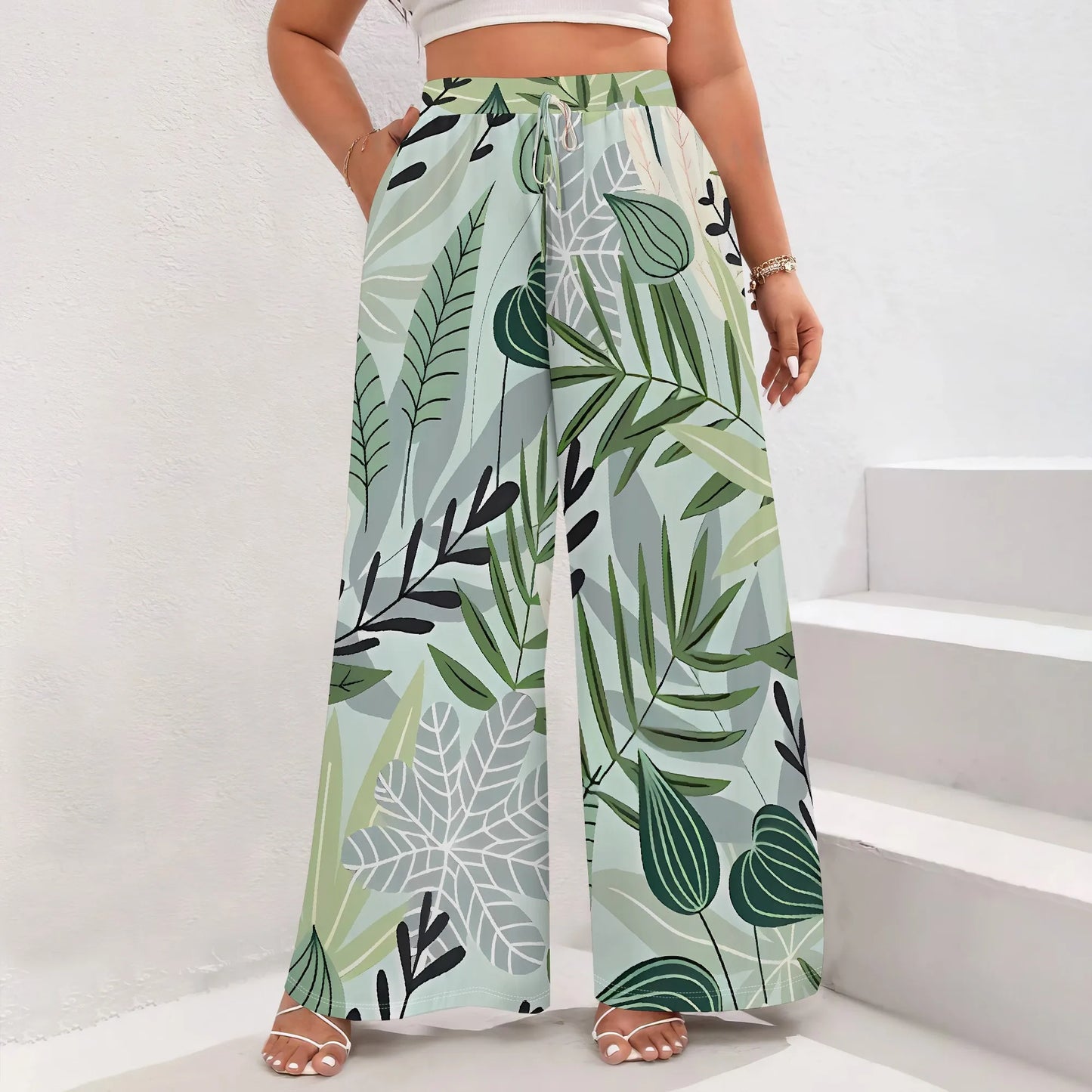 Nupusa Tropical Leaf Print Wide Leg Pants for Women Standard Size Summer Casual Drawstring Waist Trousers