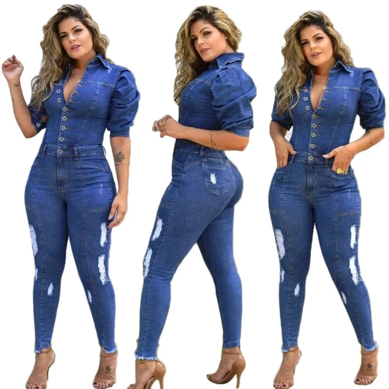 Sexy Plus Size Cotton Bodycon Long Jeans Jumpsuit Women Puff Sleeve Hole Ripped Denim Playsuit Romper Overalls Combinaison Femme