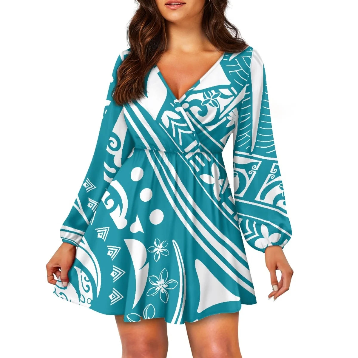 Teal Polynesian Tribal Design V Neck Dress Samoa Puletasi Plus Size Women's V Neck Dress Custom Island Style