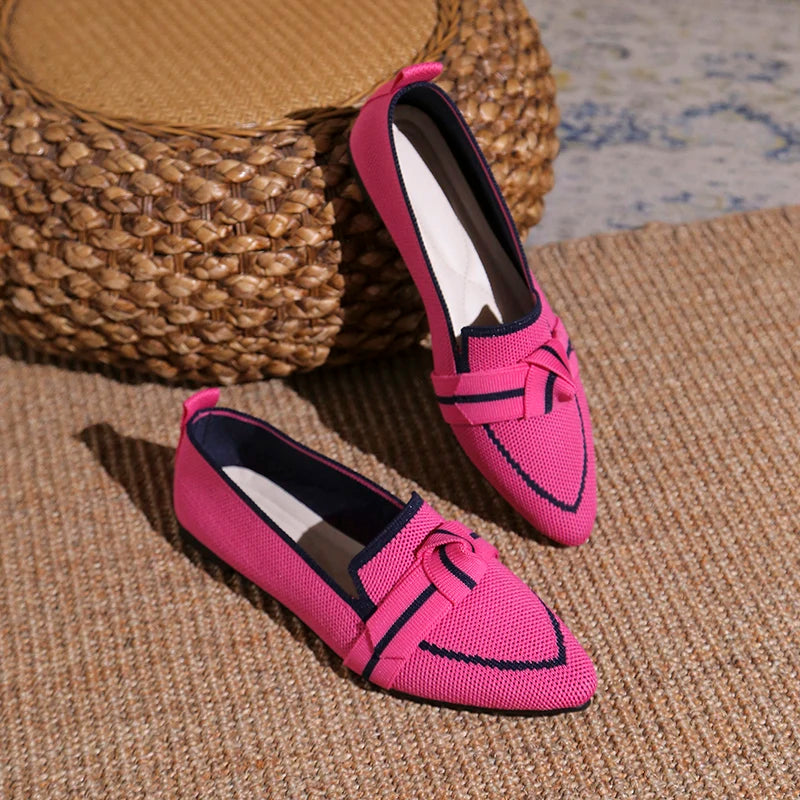 Pointed Toe 2025 Plus Size Women's Flat Single Shoes New Knit Flyweave Foot Slip Soft Sole Breathable