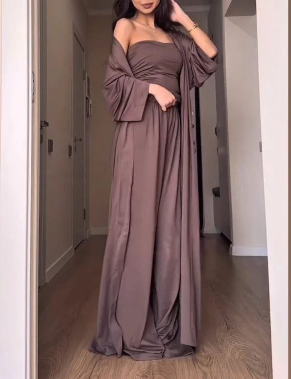 Three-Piece Suit New Casual Strapless Vest Long Cardigan Wide Leg Pants Three Piece Set Simple Casual and Elegant Pants Set